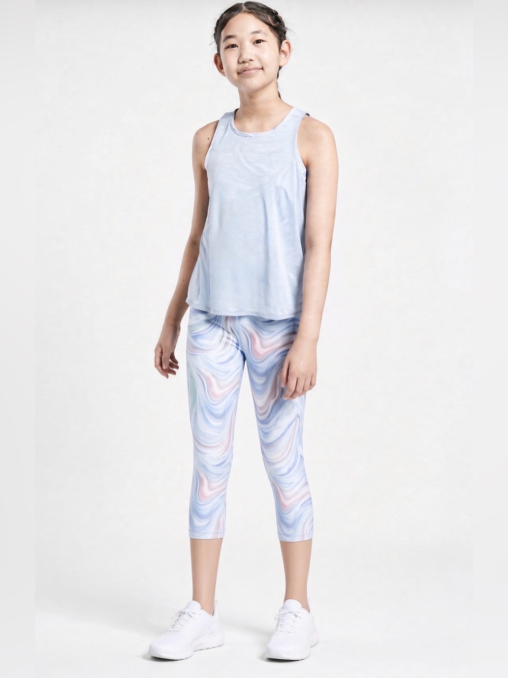 ATHLETA GIRL TANDOM TANK IN DAYDREAM BLUE & MATCHING MARBLE LEGGINGS SIZE SMALL